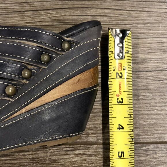 Bed Stu Gina Wedge 6 Black Leather Brown Wood Platform Strappy Sandal Mexico - Picture 9 of 11